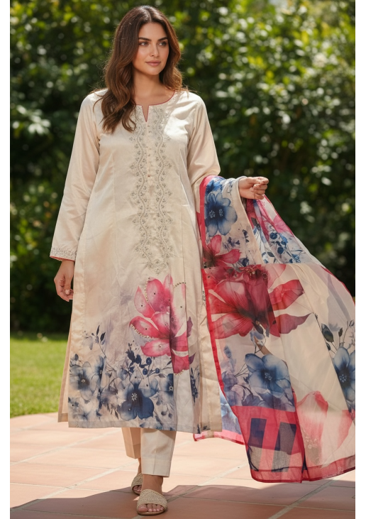 Off-White Floral Silk Suit