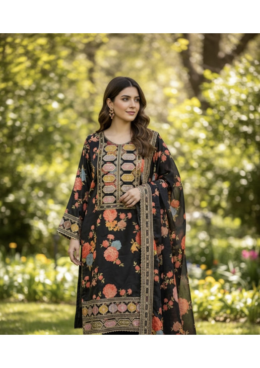 Black printed Silk Suit