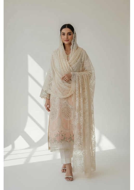 White and Peach Lawn Suit