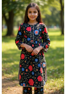 Kids Black with Floral Print Dress 
