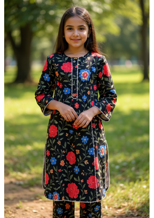 Kids Black with Floral Print Dress 