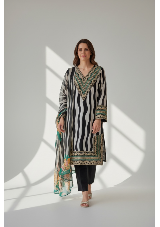 Black & White Striped Silk Suit