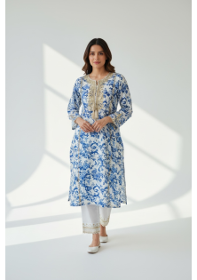 Blue and White Silk Floral Suit