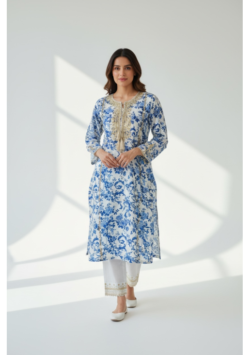 Blue and White Silk Floral Suit