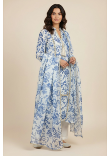 Blue and White Silk Floral Suit