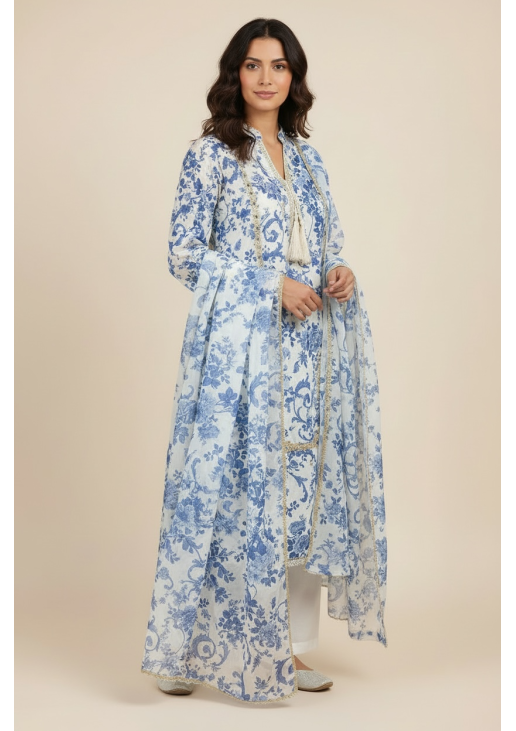 Blue and White Silk Floral Suit