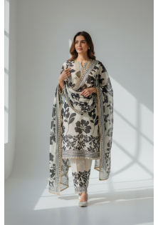 Ivory and Black Printed Suit