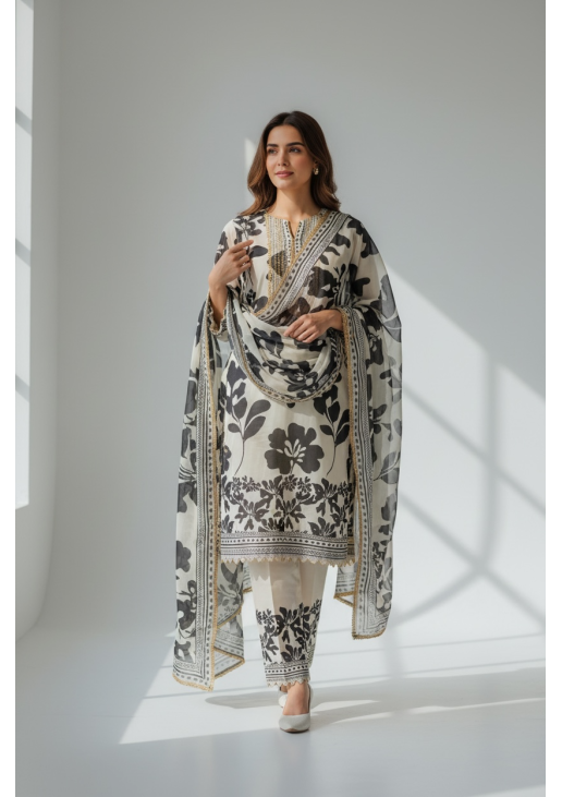 Ivory and Black Printed Suit